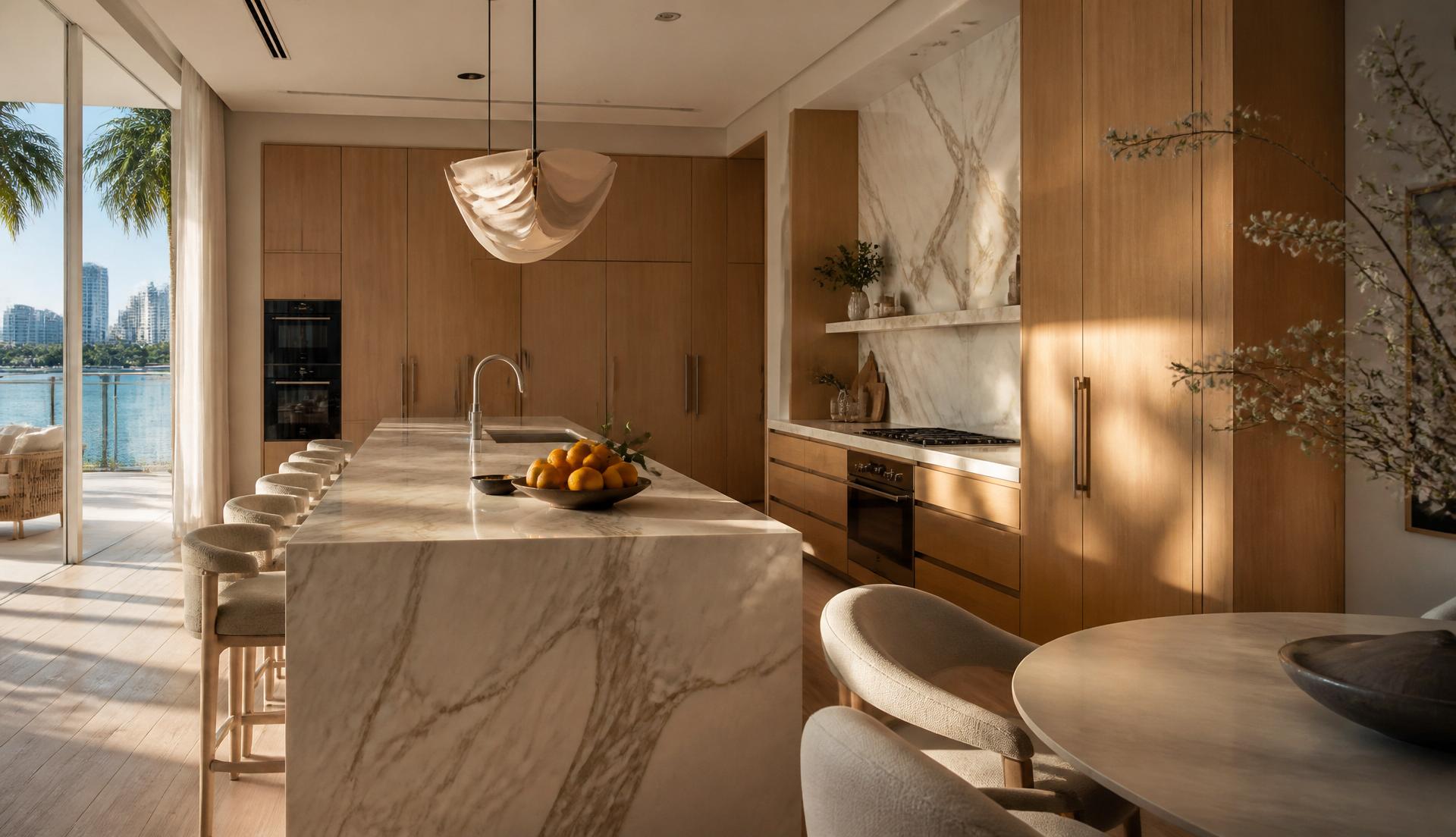 Marble kitchen island in a Miami luxury residence
