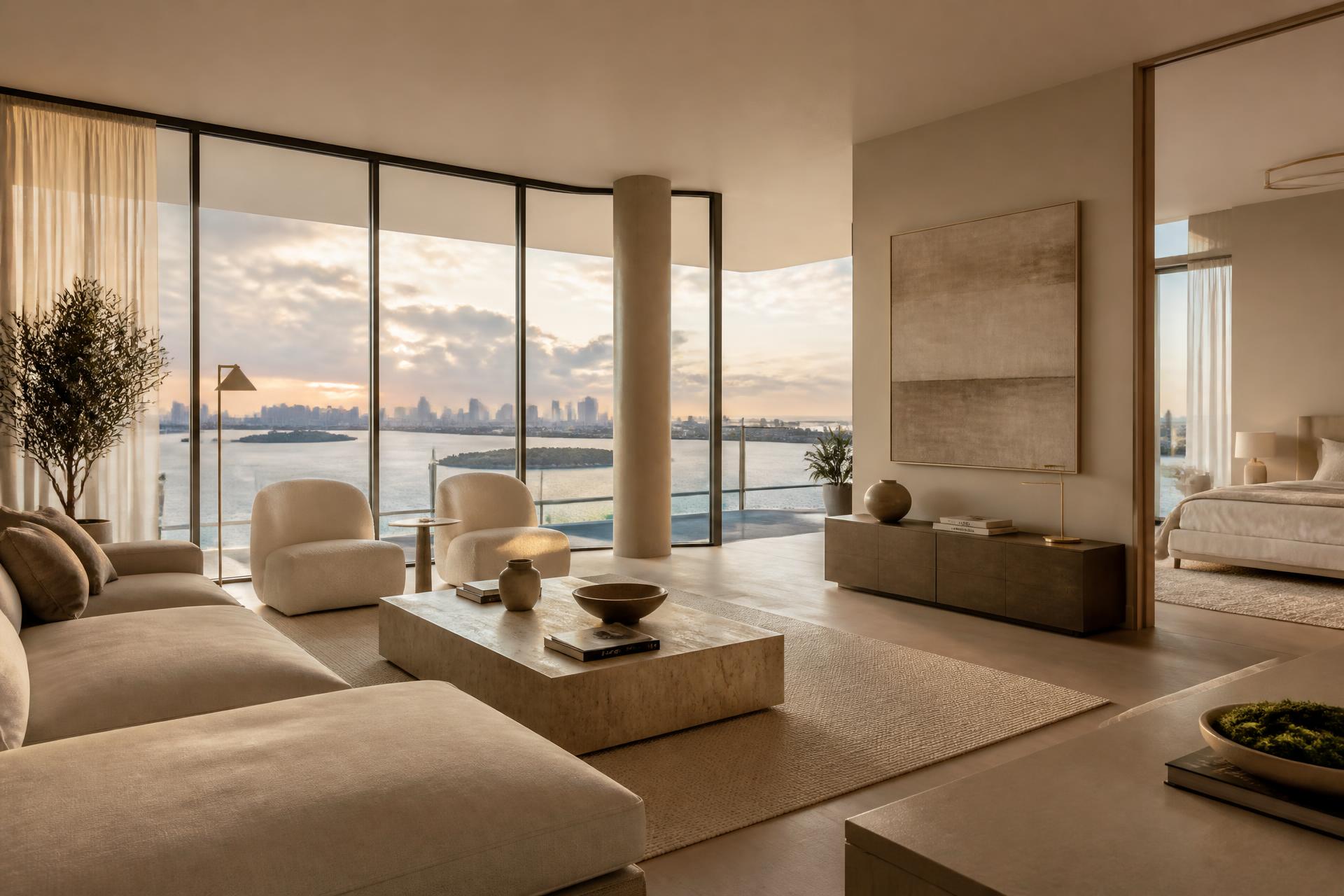 Interior of a luxury Miami waterfront residence at golden hour